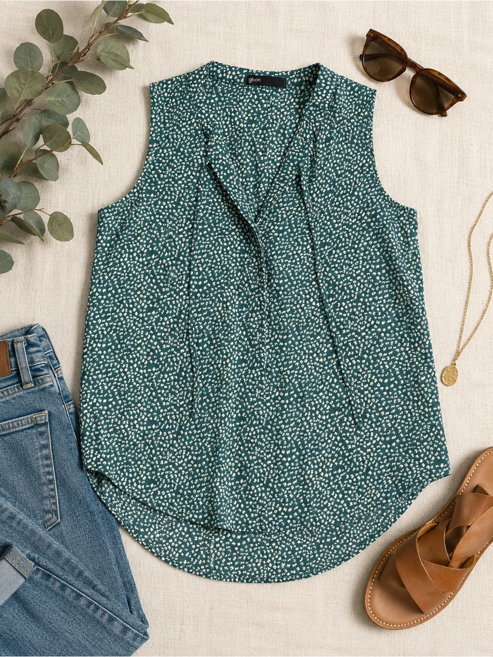 Gibson Teal Sleeveless V-Neck Dotted Camisole
